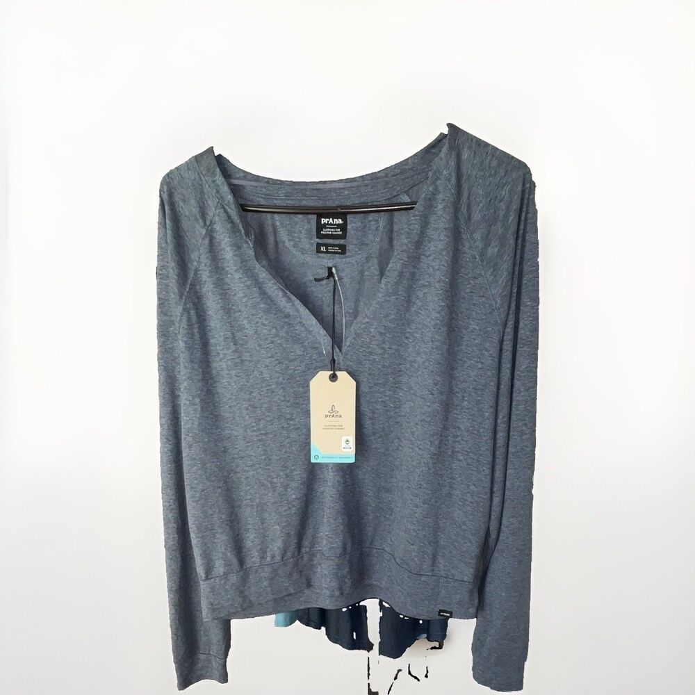 prAna Cozy Up Sweet Breeze Women's XL Blue Knit V-Neck Long Sleeve Pullover